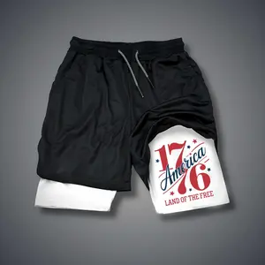 USA 250th Anniversary 80s 90s Double-Layer Sports Shorts Graphic Shorts Black Camo Streetwear Shorts Men Outfits Men Vacation Outfits Shorts