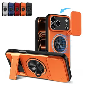 Magnetic Smartphone Casing with Slide Camera Cover for iPhone 17/16/15/14/13/12/11 Pro Max, 360° Rotatable Ring Kickstand, MagSafe-Compatible, Shockproof Heavy-Duty Protective Cellphone Accessory with Wireless Support