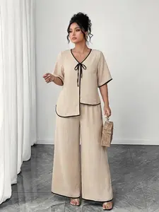 Linhara Plus Size Women's Two-Piece Set, Short Sleeve Asymmetrical V-Neck Top, Straight Leg Pants, Butterfly Tie Detail, Casual Style, Womenswear