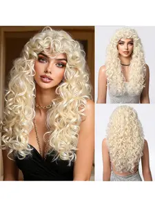 White Gold Air Bangs Wool Curl Long Wavy Synthetic Full Lace Wig for Women Natural Looking Hairpiece That Brightens Skin Tone Stylish Latin American Inspired Hairstyle Synthetic Curly Wigs