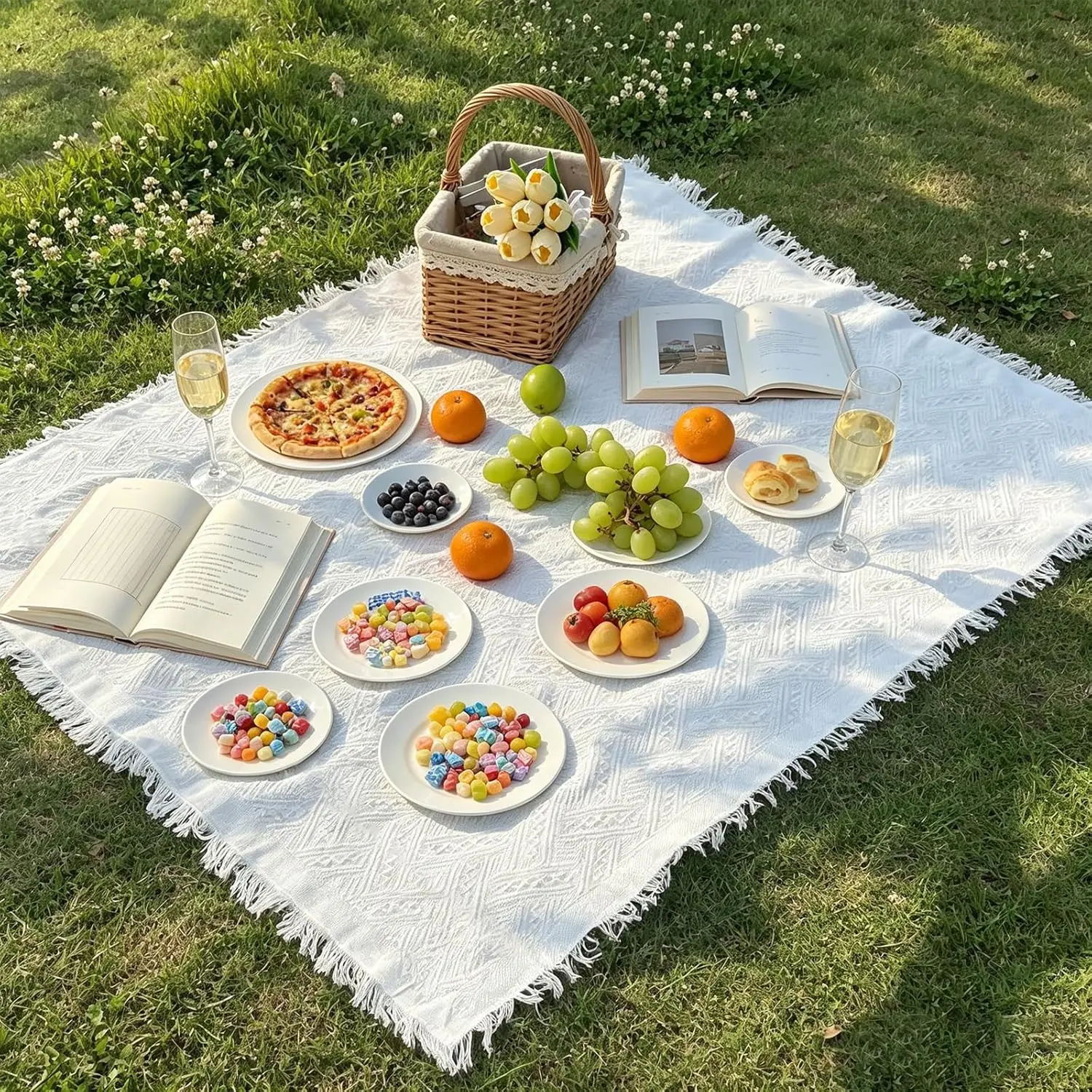 Bohemian Picnic Blanket, Woven Cotton Mat with Fringe Detail, Foldable & Machine Washable for Outdoor Activities, Wedding Decorations & Bohemian Decor, Easy To Clean, Machine Wash Cold, Beach & Picnics, Foldable Size, Lightweight, Outdoor Events, Aestheti