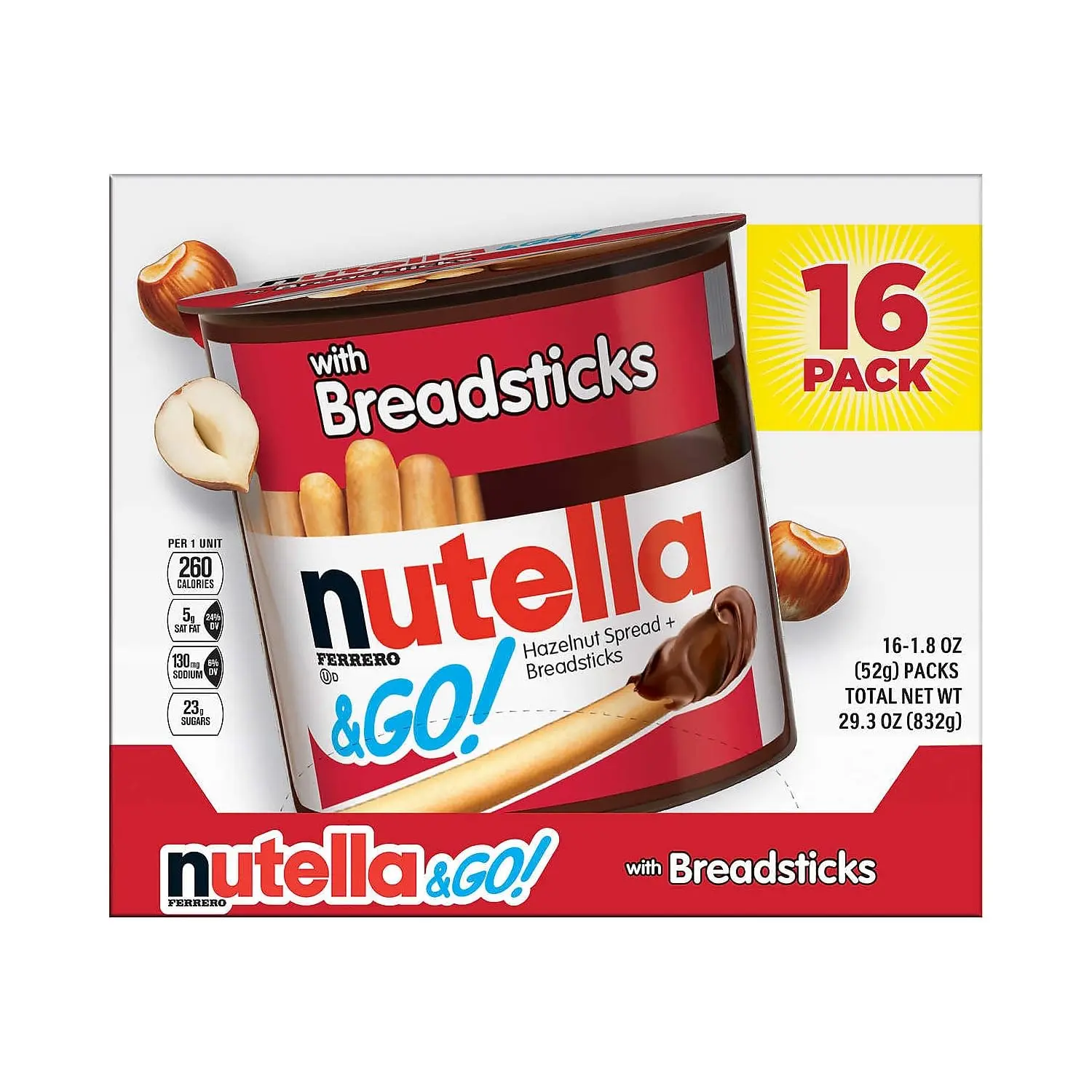Nutella & Go Hazelnut Chocolate Spread with Breadsticks, 1.8 oz (Pack of 16) - Single-Serve Snack Packs