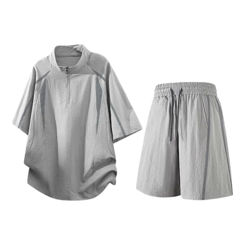 Men's Loose-Fit Quick-Dry 2-Piece Tracksuit, Polyester Half-Zip Stand Collar Tee and Mid Length Shorts with Contrast Stripe for Summer Training, Male, Machine Wash, Short Sleeves, Casual Outings