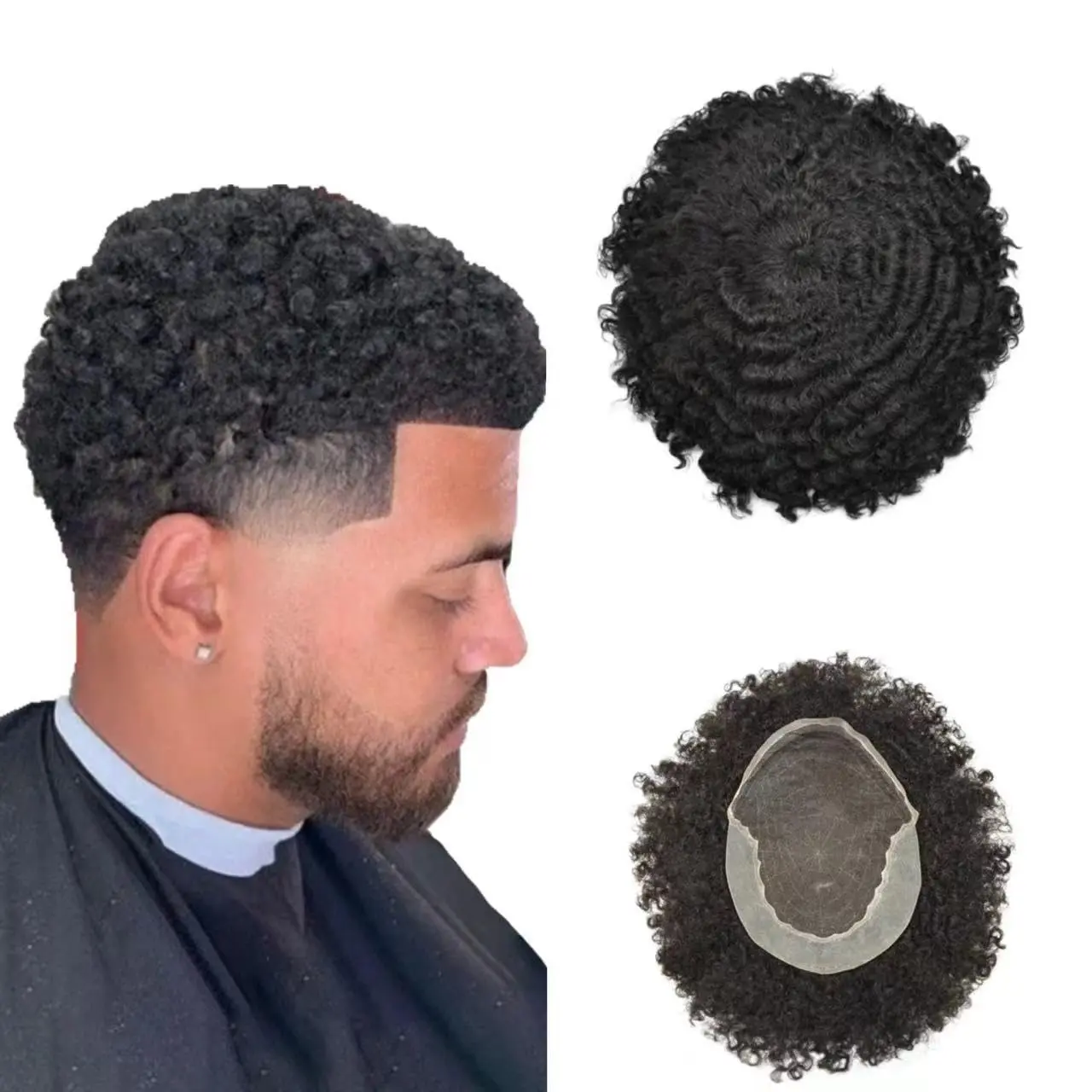 Swiss Lace Front Afro Toupee For Black Men Kinky Curly African American 100% Brazilian Virgin Human Hair System Afro Man Weave Hair Unit Lace Front Bleached Knots Natural Hairline