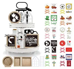 Farmhouse Fall Tiered Tray Decor Set,Interchangeable Year Round Seasonal Decorations Fall Decorations for Home Thanksgiving Decor Halloween Decor Rustic Wooden Frames + Mini Arch + Ladder-NO Tray Christmas Colorful