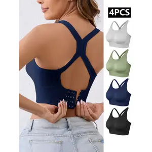 4-Pack Nylon Sports Bras with Removable Pads, Wire-Free, Adjustable Underband, Cross-Back Clasp, Solid Color, Knit Fabric, Opaque, for Yoga, Fitness, Running