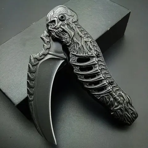 Skeleton Pocket Knife Spring Assisted Grim Reaper Design 8" Open Folding Knife Skull Scythe Blade
