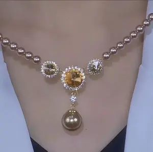 LisiZen 2025 Autumn Winter Brown Crystal Necklace, Chic Sunflower Pearl Pendant, Vintage Elegant Sweater Chain Jewelry DZXL3489
