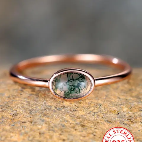 S925 Sterling Silver Rose Gold Color Inlaid Agate Ring, Fashion Accessories for Women & Girls, Trendy All-match & Exquisite Jewelry for Birthday Gift