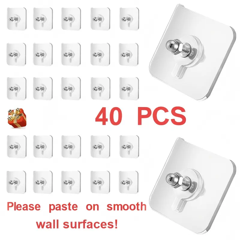40-Piece Strong Adhesive Storage Hooks Pack - No-Drill, No-Nail Hangable Wall Hanger, Home Organizer for Smooth Surfaces, Ideal for Picture Hanging