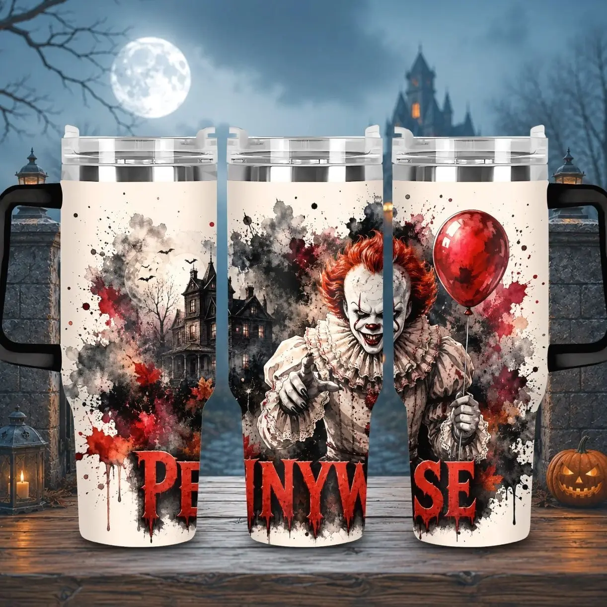 IT 40th Anniversary Pennywise the Dancing Clown 40oz Tumbler with Handle & Straw, Stephen King Horror Movie Cup, Halloween Scary Clown Insulated Travel Mug, Classic IT Fan Gift, Creepy Spooky Drinkware
