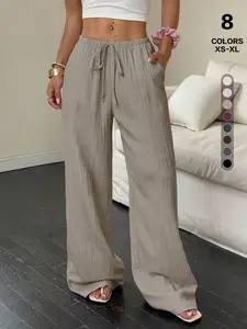 American Style Loose Fit Wide Leg Pants, High Waist Drawstring Casual Long Pants, Breathable Pocket Design, Plus Size Friendly, All Seasons