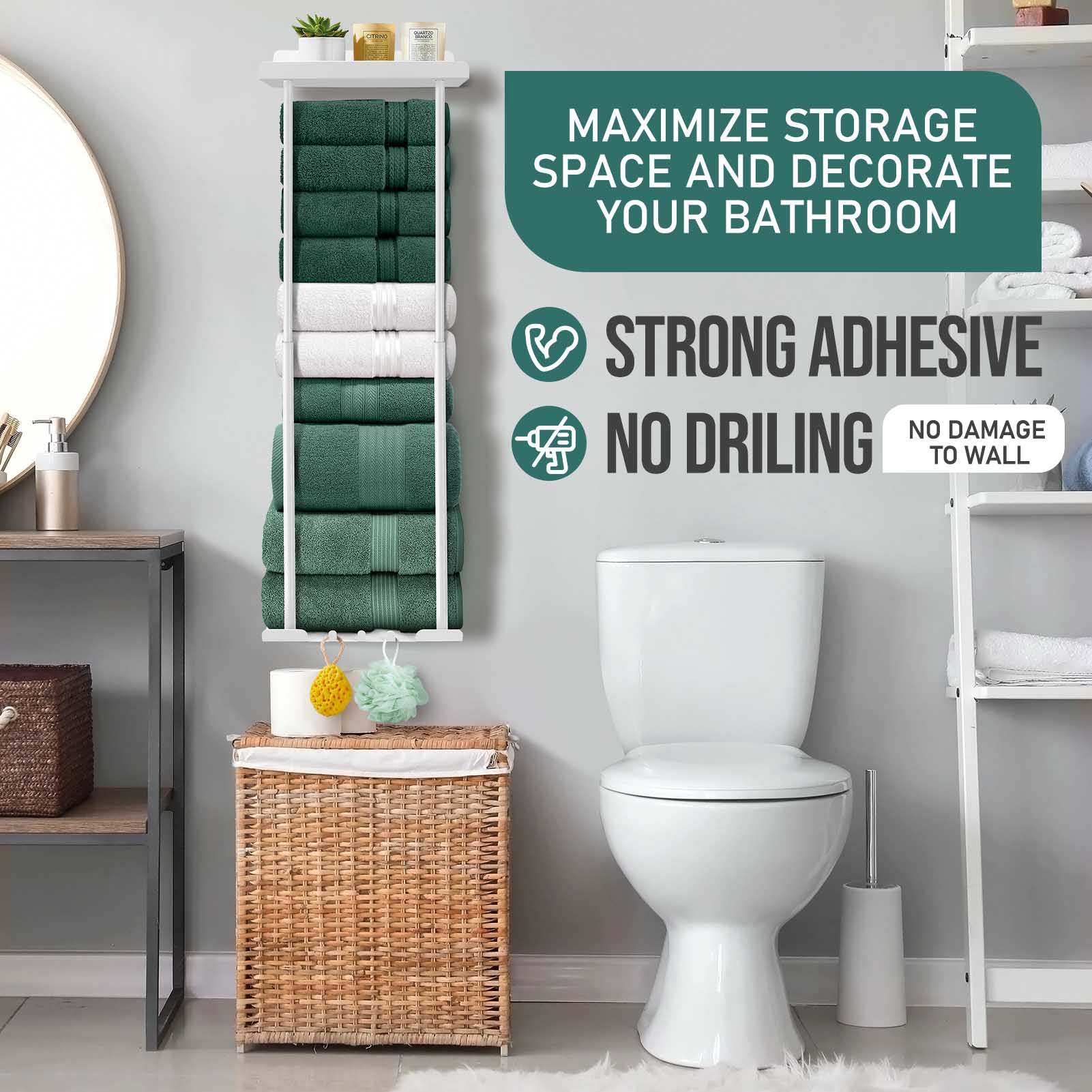 Wall-Mounted Towel Rack & Holder - Rust-Resistant Bathroom Organizer with No Drill Installation, Space-Saving Design for Kitchen, Laundry Room,This Single Piece Is Designed for Organizing And Storing Towels, Washcloths in Small Bathroom