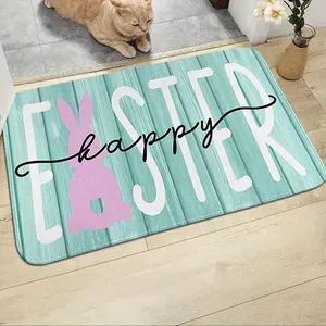 JIT 1pc Easter wood grain and colorful rabbit egg pattern velvet decorative entrance carpet, kitchen carpet set, velvet bedside set floor mat, slip-resistant washable soft carpet, suitable for kitchen and laundry room carpet, Washable Kitchen Rugs