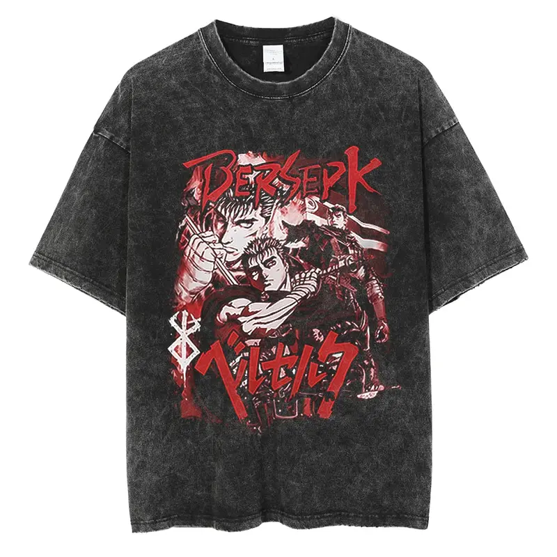 Guts Black Swordsman Berserk Acid Washed Shirts, Vintage Anime Gym Shirts, Mineral Heavyweight Cotton Tee Loose-Fit Sizes S-3XL For Anime Lovers