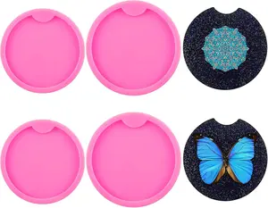 4 Pieces Car Coaster Mold DIY Round Coaster Silicone Mold Epoxy Resin Casting Mold DIY Molds Silicone Keyring