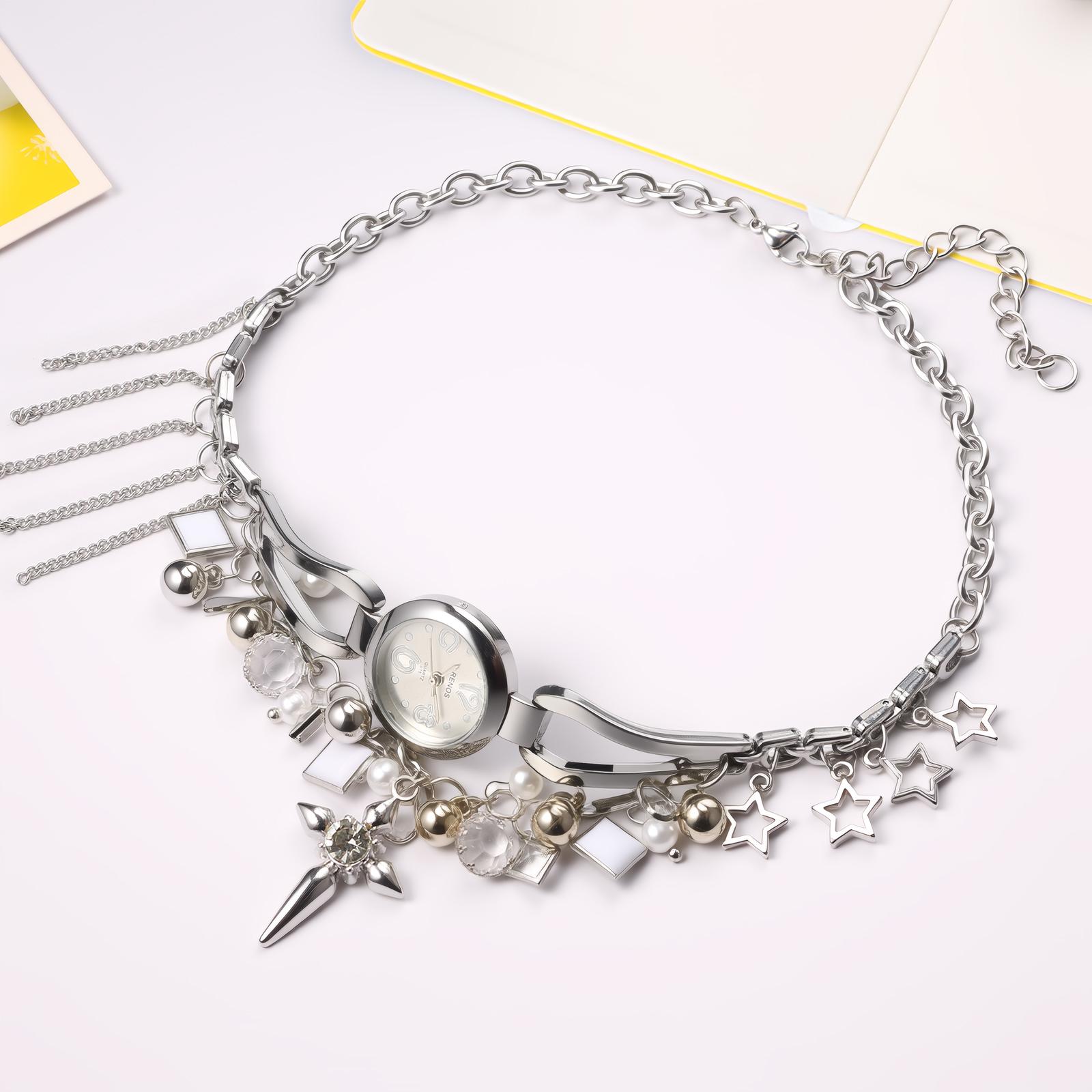 OIDEA Women's Ocean-Themed Analog Quartz Watch - Square Dial, Marine Motifs, Seashell & Starfish Imitation Gem Charms, 2-Tone Gold-Silver Adjustable Stainless Steel Chain Necklace Watch, Summer Style OIDEA Women's Ocean-Themed Analog Quartz Watch - Square Dial, Marine Motifs, Seashell & Starfish Imitation Gem Charms, 2-Tone Gold-Silver Adjustable Stainless Steel Chain Necklace Watch, Summer Style