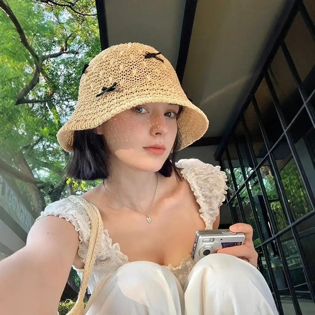 Sweet Bow-Knitted Fisherman's Hat for Women Summer Hollowed-Out Breathable Beach Sunshade UV Protection Bucket Hat Essential Style