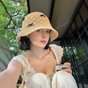 Sweet Bow-Knitted Fisherman's Hat for Women Summer Hollowed-Out Breathable Beach Sunshade UV Protection Bucket Hat Essential Style