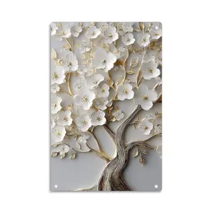 Elegant White Flowers Gold Tree Branch Tin Sign， Vintage Gold Leaf White Blossom Metal Sign Print Aesthetic Room Decoration for Home Bedroom Kitchen Bar Dorm Bathroom Wall Decor 8 X 12 Inch