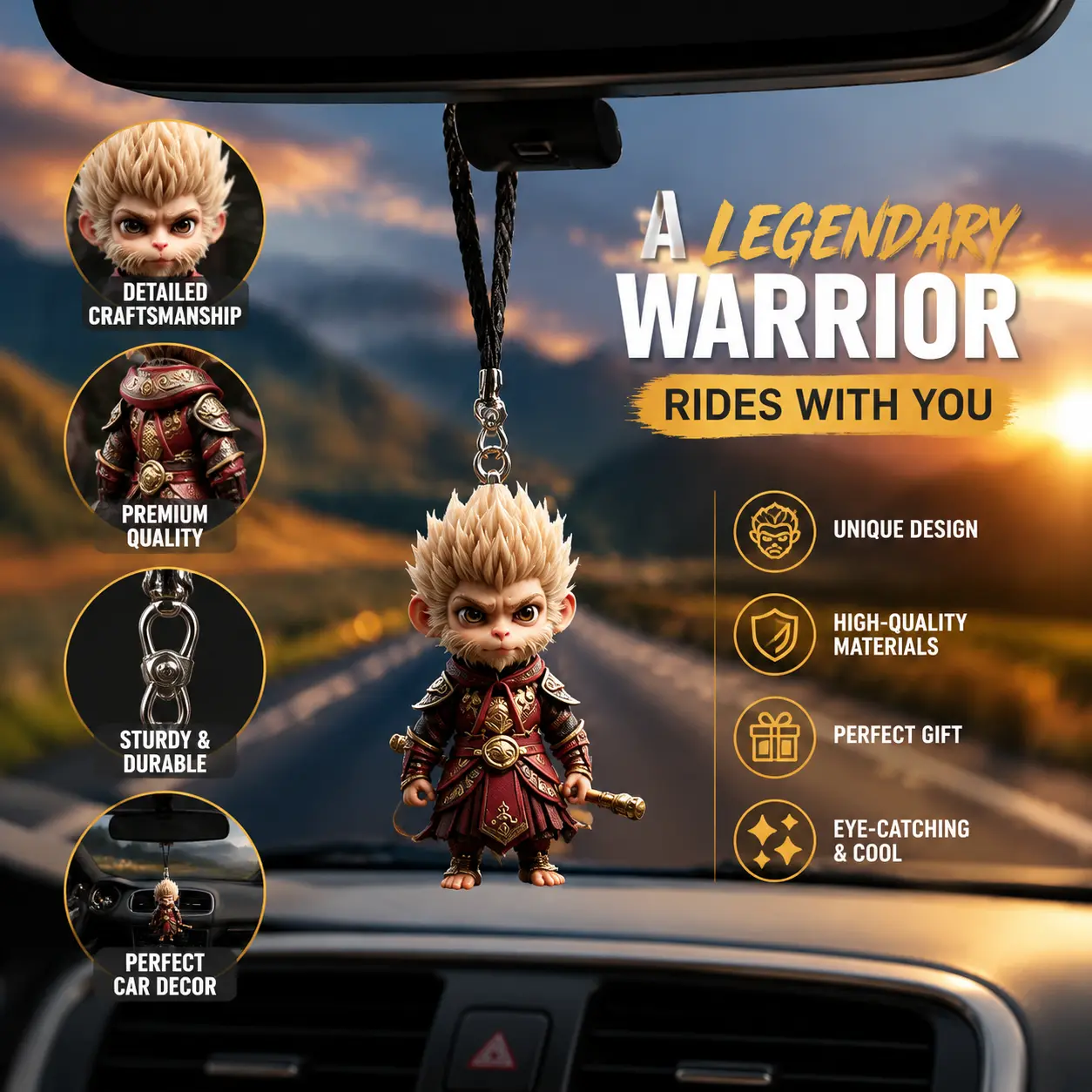 Fantasy Warrior Rearview Mirror Charm, Mini Character Car Hanging Ornament, Unique Car Interior Accessories, Collectible Gift for Anime Fans