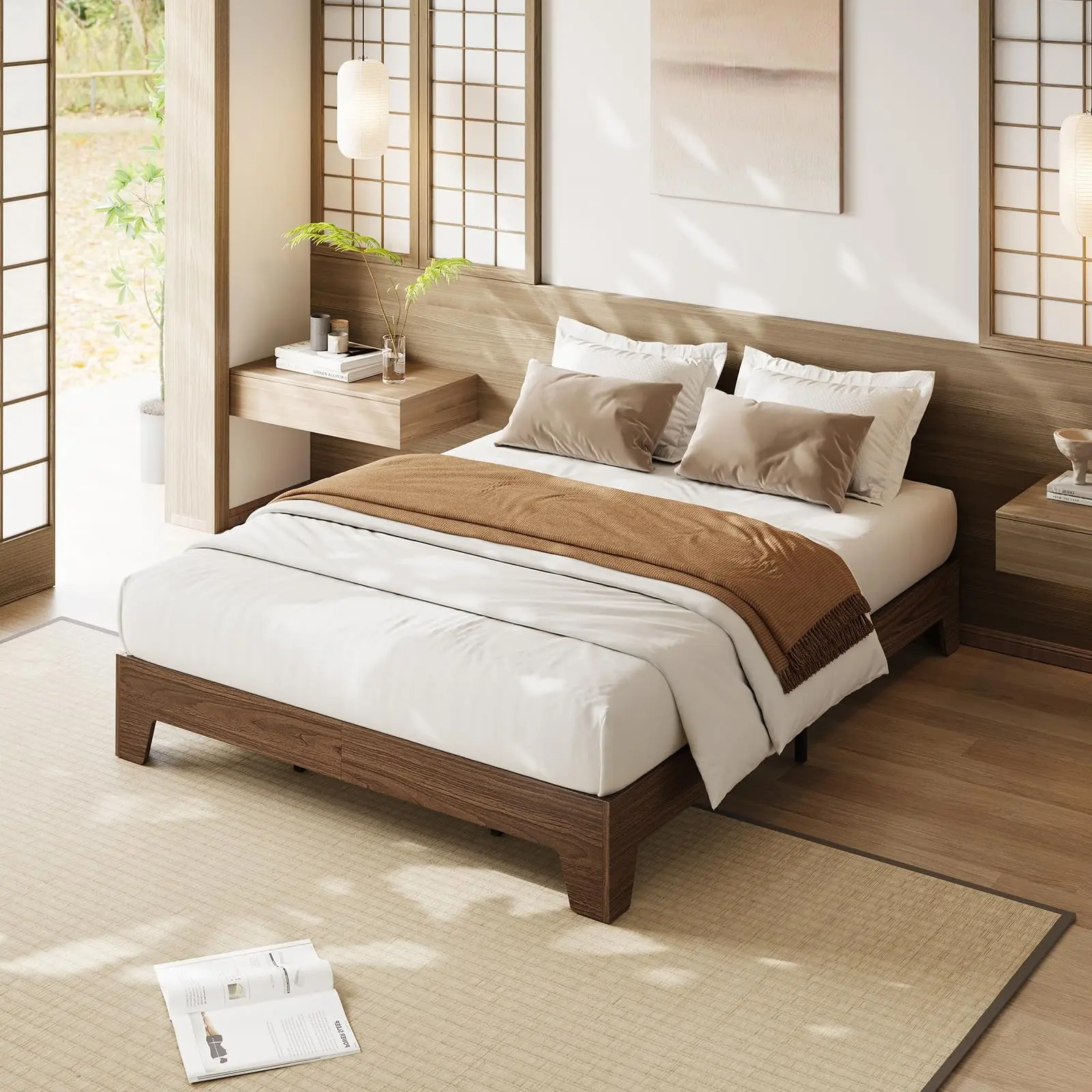 Garvee 10 Inch Queen Size Wood Platform Bed with Wooden Slats, Natural Walnut Finish, No Box Spring Needed, Easy Assembly, Minimalist Design for Bedroom Furniture