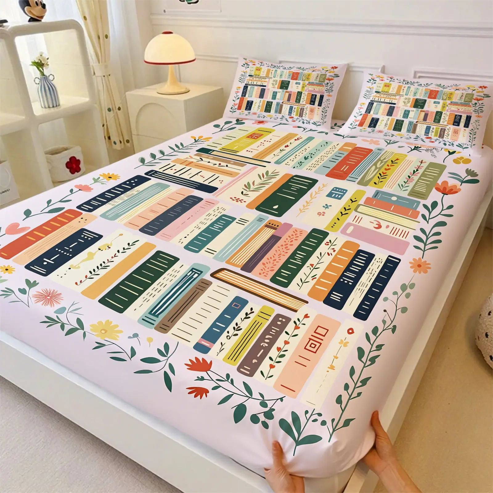 Fresh & Healing Bookshelf & Floral Art Print Fitted Sheet Set, Includes 2 Pillowcases, Deep Pocket Mattress Protector, Durable Comfort, Maroon Color, Gift Choice, Girls' Bedroom Home Decor
