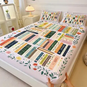 Fresh & Healing Bookshelf & Floral Art Print Fitted Sheet Set, Includes 2 Pillowcases, Deep Pocket Mattress Protector, Durable Comfort, Maroon Color, Gift Choice, Girls' Bedroom Home Decor