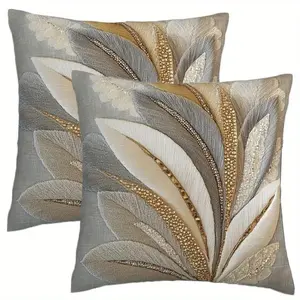 Set of 2 Elegant Feather Print Cushion Covers, Soft Polyester Zippered Cases, Home Decor Sofa Pillowcases, Replacement Cushion Cover, Feather Pattern. (Filling not included)