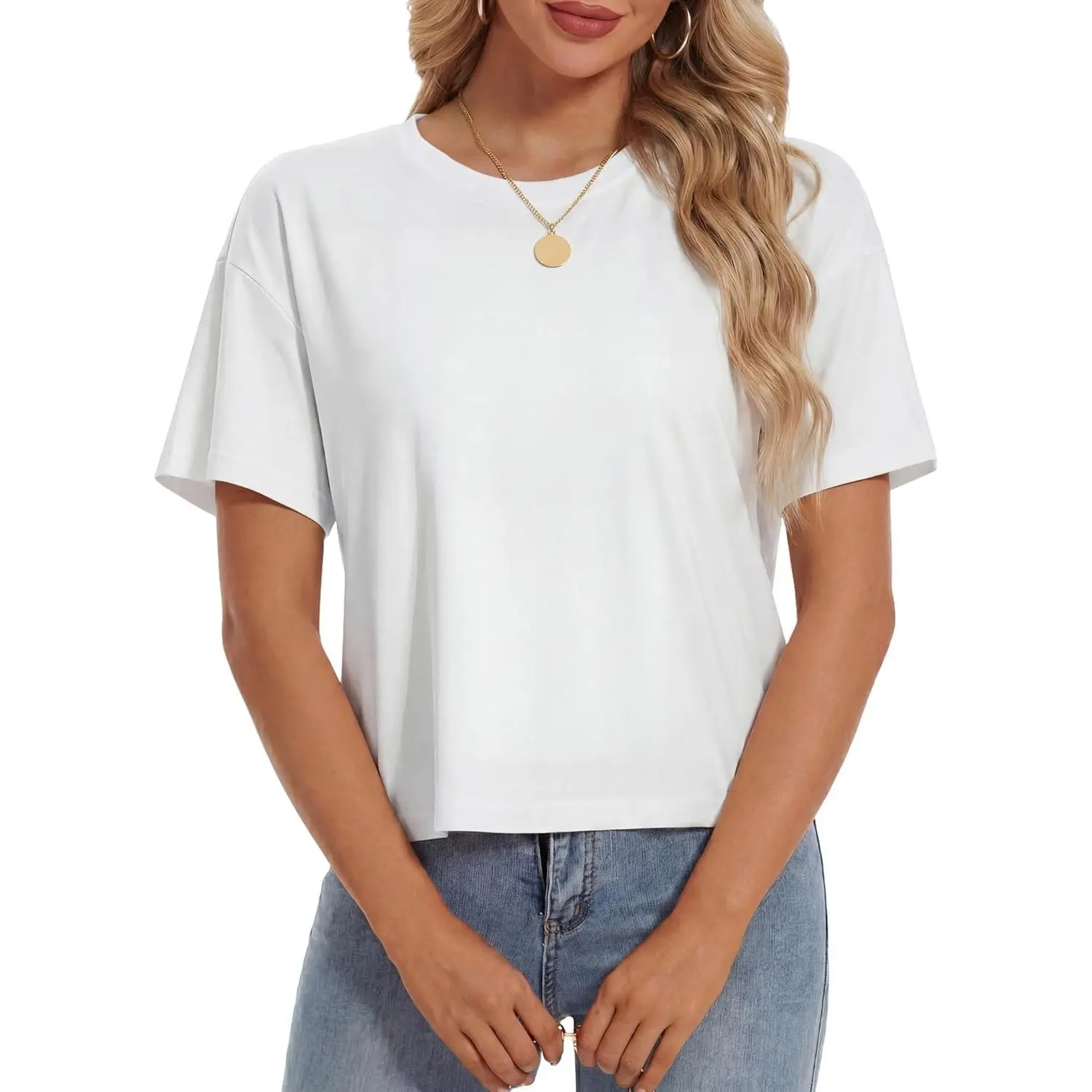 Women's Short Sleeve Cotton Crop Tops - UPF 50+ Round Neck, Casual Loose Plain Tees for Sports & Outdoor Use, Shortsleeve, Minimalist