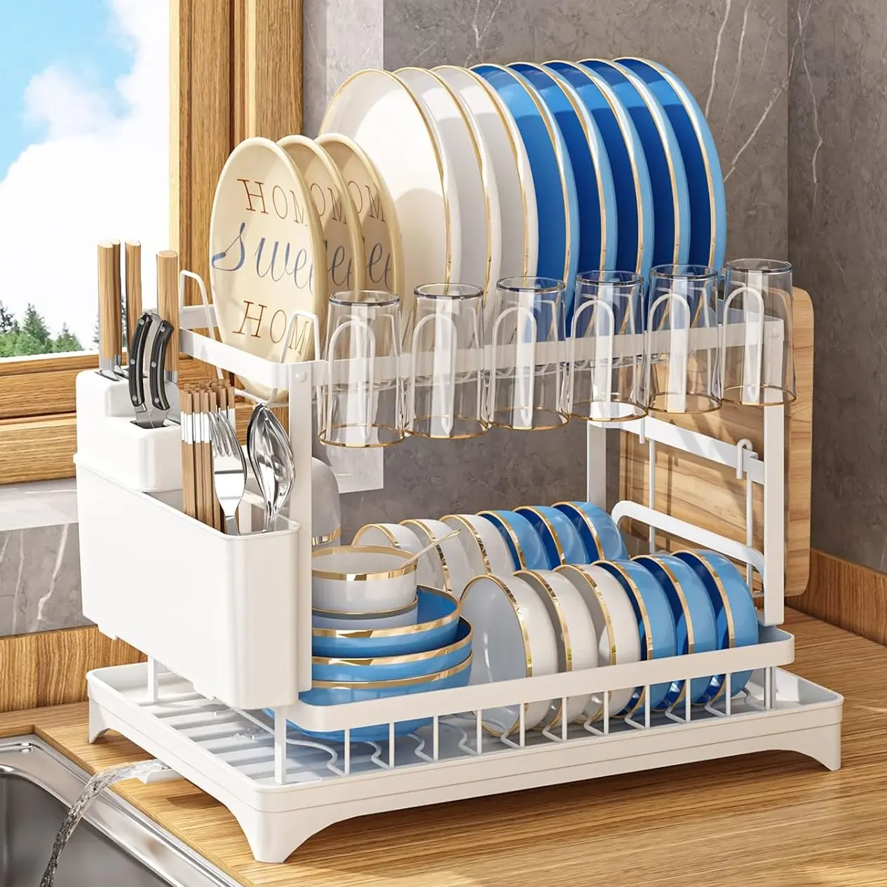 2-Tier Stainless Steel Kitchen Counter Dish Drying Rack with Drainboard, for Dishes, Knives, Cups, Cutting Boards
