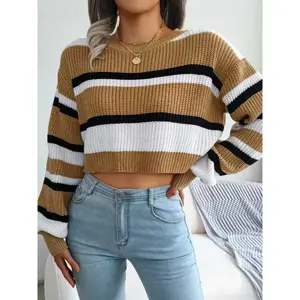 Women’s Round Neck Casual Striped Long Sleeve Cropped Knit Sweater, Soft Comfortable Pullover Knitwear for Autumn/Winter, Women’s Fashion Top