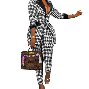 Women's Teacher Bae Outfit Black and White Houndstooth Blazer with Pants Two Piece Set for Professional Casual Office Trendy Outfits Ruched Bodycon Dress Halter Side Hollow Mini European Minimalist V-Neck mina co dress girl polka dot quinceanera ozdust