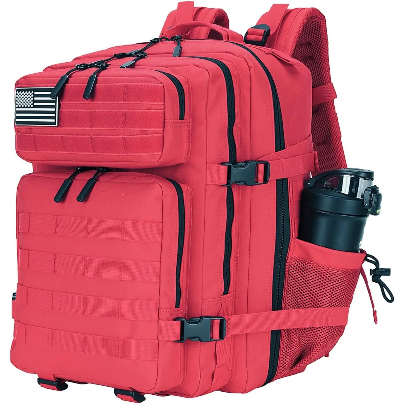 Tactical Backpack 25L, Small Red Polyester Molle Daypack for Men and Women with Hydration Compartment & Zipper Pockets for Hiking, Work, Sports
