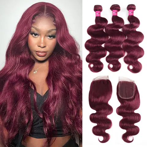 99j Burgundy Body Wave Bundles With Closure 4x4 Inch Red Colored Human Hair Bundles With Closure Quick Weave Extensions
