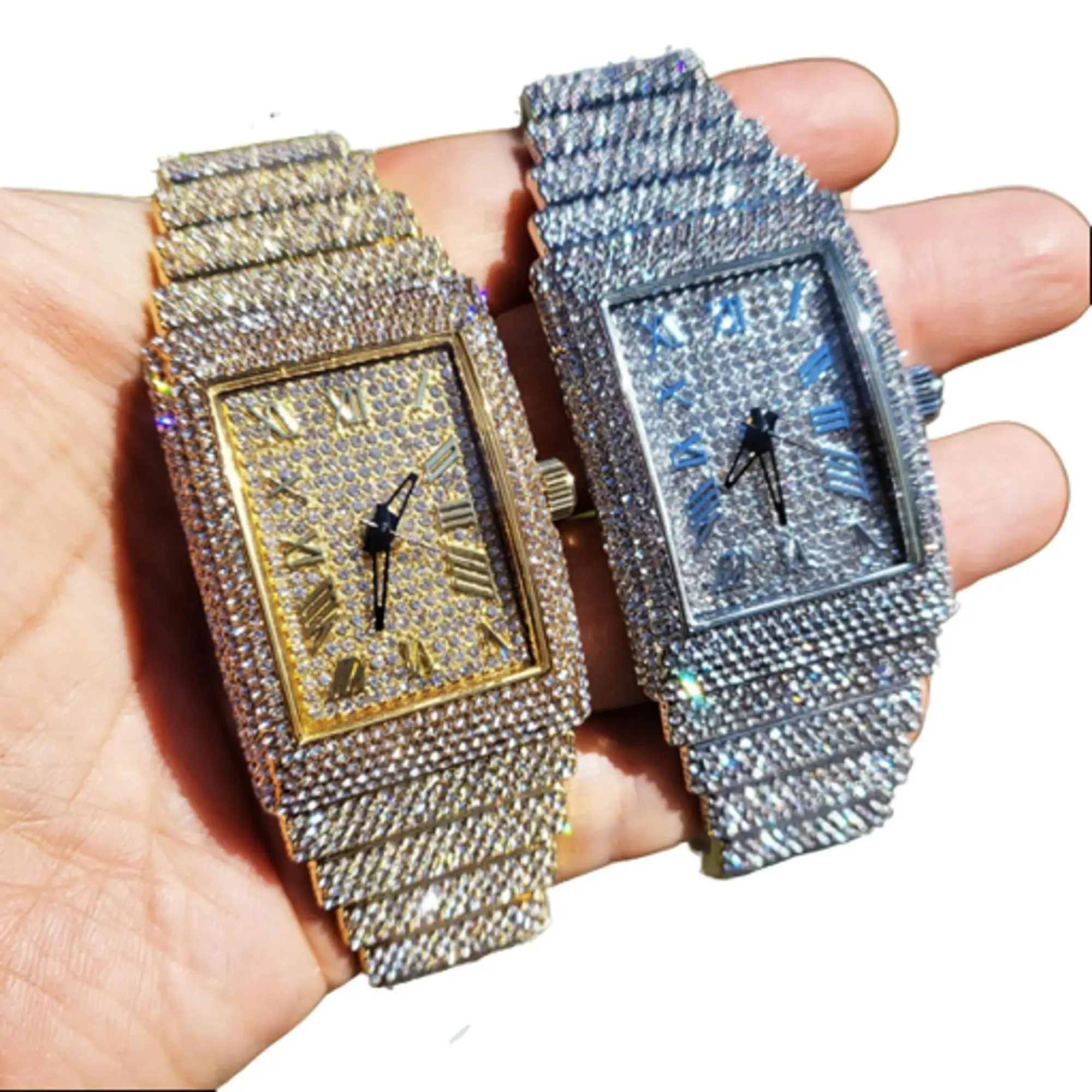 MaxBling81 Women's Iced Out Gold Plated Watch with Lab Diamonds, 45x32mm Hip Hop Analog Square Face, Waterproof Quartz Movement, Alloy, Hip Hop Look, Metal Band