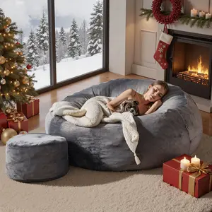 POUUIN 59'' Oversized Lazy Sofa Bean Bag Chair with Matching Ottoman, Ultra-Soft Skin-Friendly Plush Corduroy, Removable Washable Cover & Ergonomic Support, Comfy Boneless Round Couch for Reading/Gaming/Napping in Living Room Bedroom, No Assembly Required