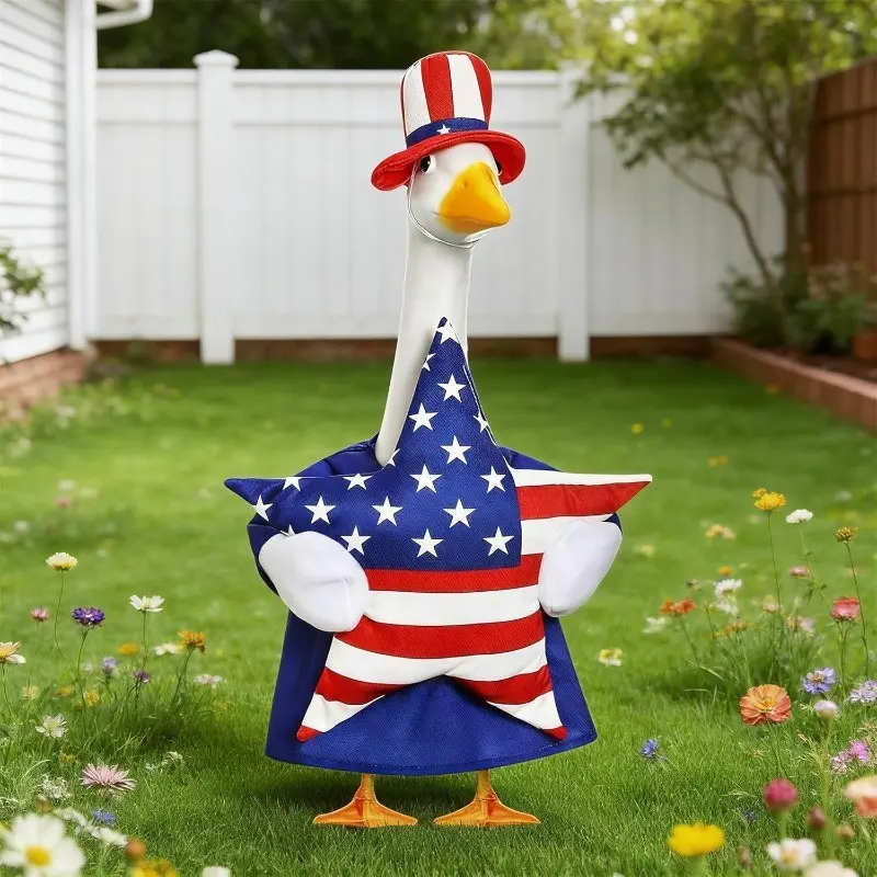 3-Piece Set 23 Inch Independence Day Porch Goose Costume, Patriotic Star Hat Goose, Outdoor Garden Decor for Lawn Statues, Festive Decoration, Party Decoration, Party Decor Supplies