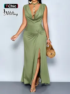 Aliling Summer Elegant Sexy Chic Women's Plain Dress, Deep V Neck Buckle Decoration, High Waist Split Fitted Bodycon Dress, Perfect for Casual, Dinner, Date, Party, Shopping, Formal, Evening