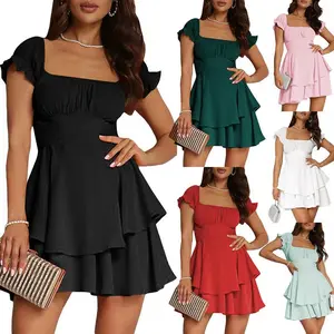Women's Mini A-Line Dress, Solid Color Ruffled Sleeves Square Neck Layered Hem Dress, Ladies Dress for Indoor Outdoor Wear, Ladies Clothes for Daily Wear, Casual DressGift