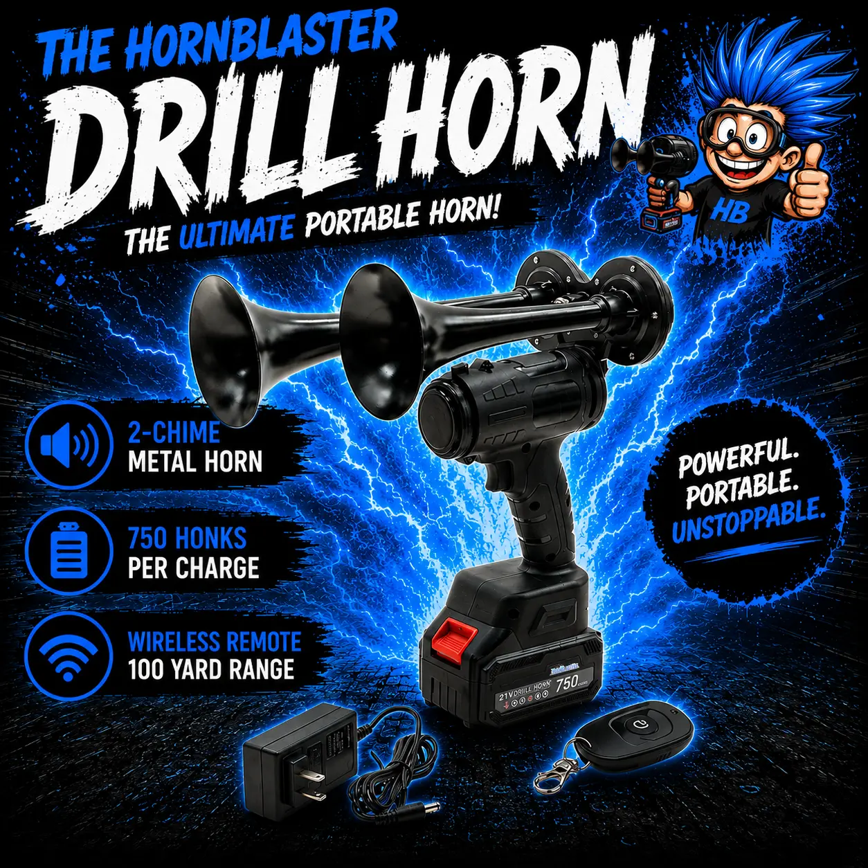 The HornBlaster Drill Horn | Point It, Pull It, Honk | Wireless Remote + 100 Yard Range, Rechargeable Battery with 750 Honks Per Charge