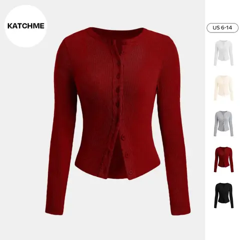 KatchMe Women's Basic Solid Color Button Front Cardigan, Casual Ribbed Long Sleeve Round Neck Knitwear for Fall & Winter, Lady Slim-Fitting Top