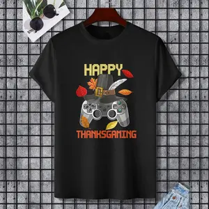 Happy Thanksgiving Video Game Controller Pilgrim Men Men T-Shirt, 100% Cotton, Single Side Printed, Black Short Sleeve T-shirt, Gift for Family Friends, S-XXXL, 1 pc, Fabric Weight 180g