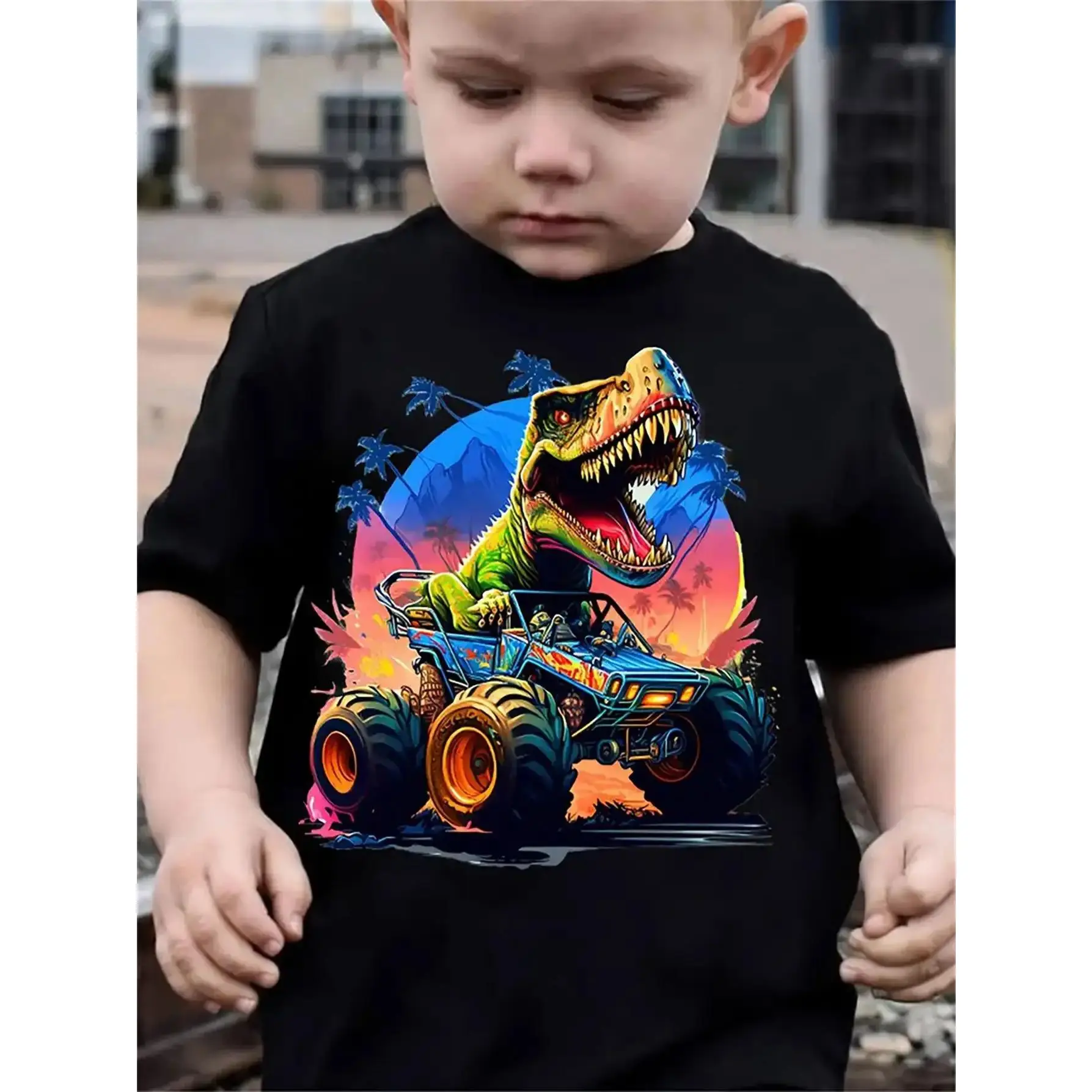 Boy's Graphic Cotton T-Shirt with Playful Dinosaur Truck Art, Casual Short Sleeve Character Print for All Seasons, Character Print Shirt, Fitted