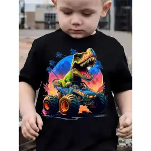 Boy'S Cotton T-Shirt, Cartoon Dinosaur Truck Print, Comfortable And Casual Round Neck, Short Sleeved