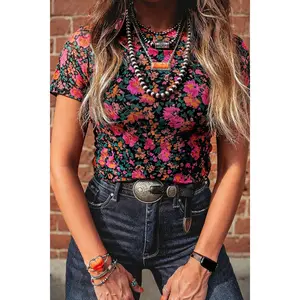 Rose Retro Floral Printed Mesh Short Sleeve Top