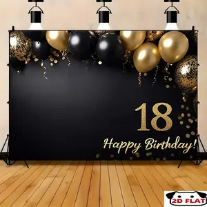2D Flat Banner 1pc, 18th Birthday Banner with Number 18 Balloons - Golden & Black Party Backdrop with Happy Birthday Text, Large Number 18 Decoration for, Durable for Sweet 18, Graduation, Photo Booth Decorations, Party Decor, Event Banner