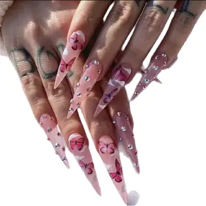 Butterfly Pattern Fake Nails with Accessories, 24pcs Long False Nails for Women & Girls DIY Nail Art, Effortless Press on Nails Manicure Set.