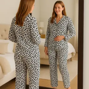 Women’s 100% Cotton Pajama Set Soft Jacquard Sleepwear & Homewear Blue & Animal Prints Cozy & Stylish