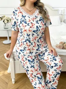 Women's Plus Size V Neck Lace Patchwork Floral Butterfly Print Short Sleeve Long Pants Set, Casual Fitted Two Piece, Plus Size Pajamas Set